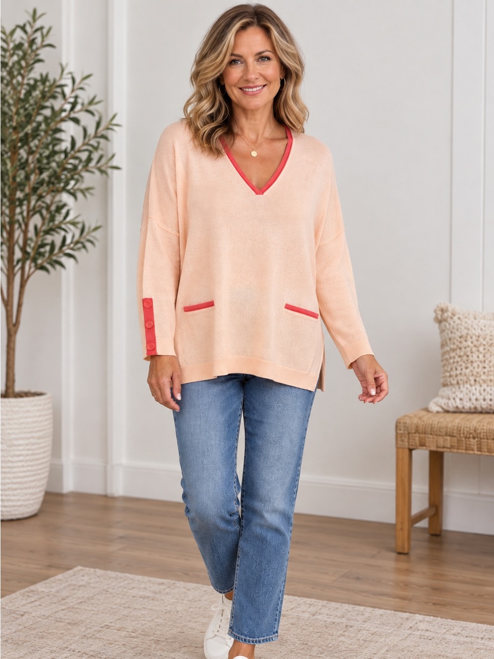 MERSEA Catalina V Neck Sweater OS Peach Cream Contrast Trim Oversized Pullover